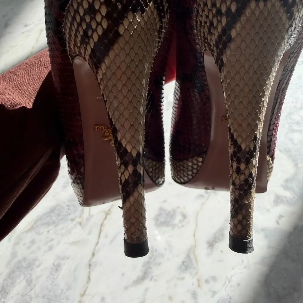 Prada Women's Burgundy and Beige Snakeskin Peep Toe Heels